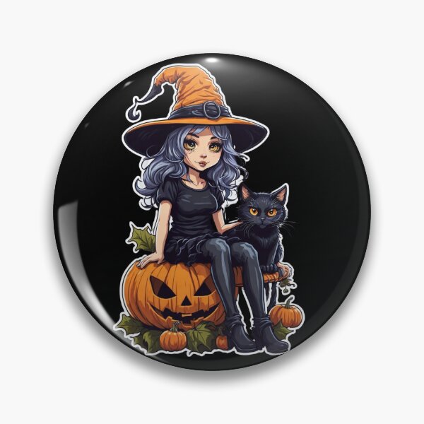 Artikelvorschau, Süße Hexe mit schwarzer Katze und Kürbissen zu Halloween entworfen und verkauft von FunArtDesigns00.