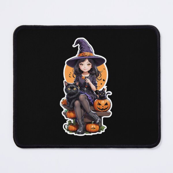 Aperçu de l'œuvre Jolie sorcière avec chat noir et citrouilles Halloween créée et vendue par FunArtDesigns00.