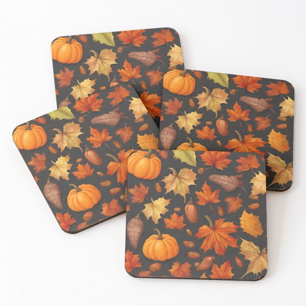 Item preview, autumn leaves and pumpkins colorful pattern, dark background designed and sold by in-leggings.