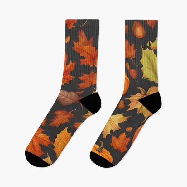 Item preview, autumn leaves and pumpkins colorful pattern, dark background designed and sold by in-leggings.