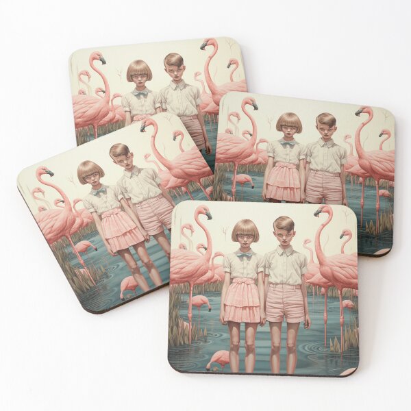 Item preview, a boy and a girl among flamingos with strange look designed and sold by windylize.