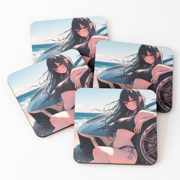 Item preview, Anime girl in bikini next to sports car on the beach designed and sold by TeesByPatrick.