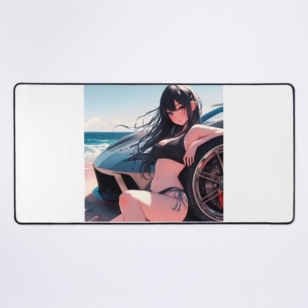 Item preview, Anime girl in bikini next to sports car on the beach designed and sold by TeesByPatrick.
