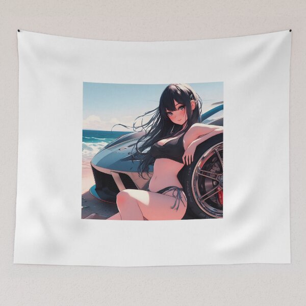 Item preview, Anime girl in bikini next to sports car on the beach designed and sold by TeesByPatrick.