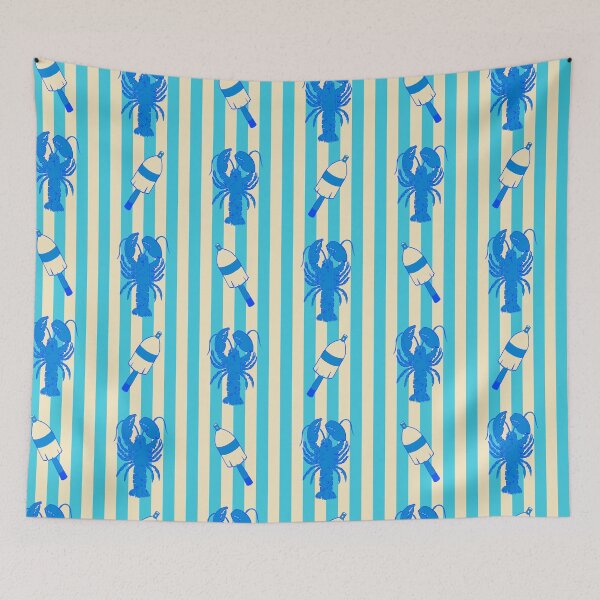 Item preview, Blue Lobsters and Buoys on Turquoise Awning Stripe designed and sold by Salt & Keep.