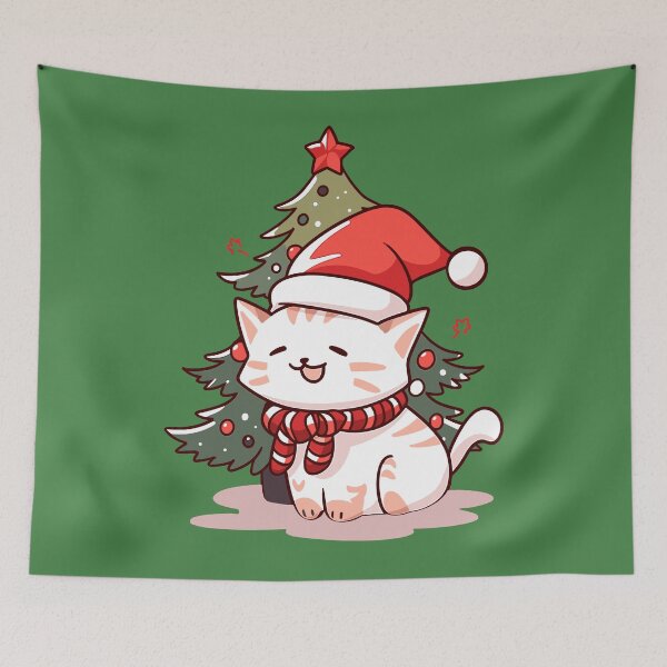 Item preview, Cute cat wearing Santa hat near Christmas tree designed and sold by Niktarka.
