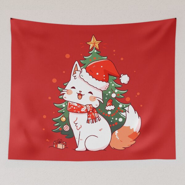 Item preview, Cute cat wearing Santa hat near Christmas tree designed and sold by Niktarka.