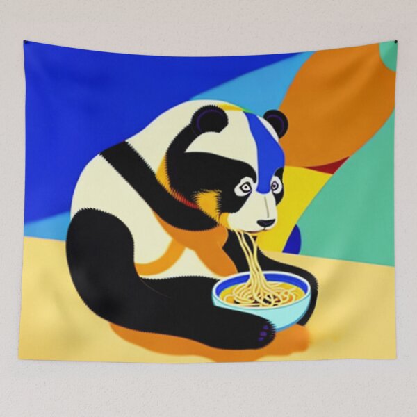 Item preview, Panda eating a bowl of spaghetti on a blue and yellow background designed and sold by Meena-tta.