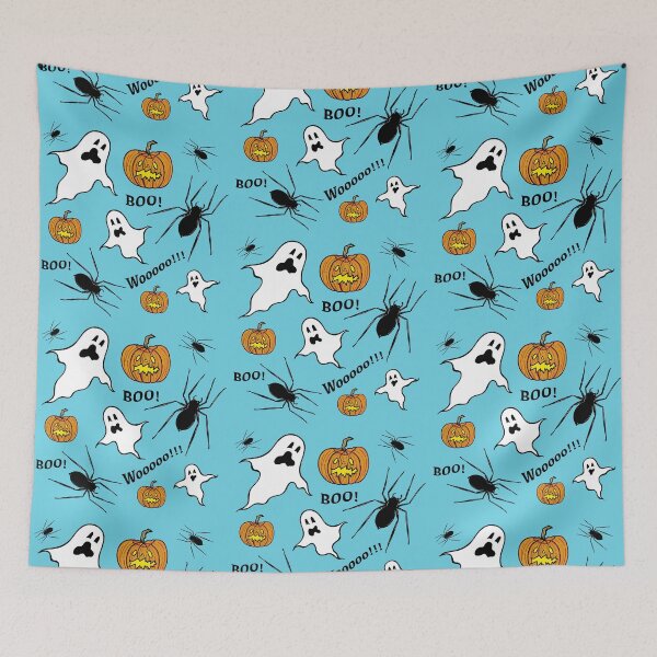 Aperçu de l'œuvre Fantômes, araignées, citrouilles + Bouh ! - Fond bleu créée et vendue par Helen McCartney Designs.