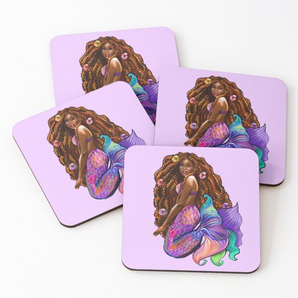 Item preview, Women’s cute African American mermaid with flowing braids , natural Afro hair brown skin mermaids  designed and sold by Artonmytee.