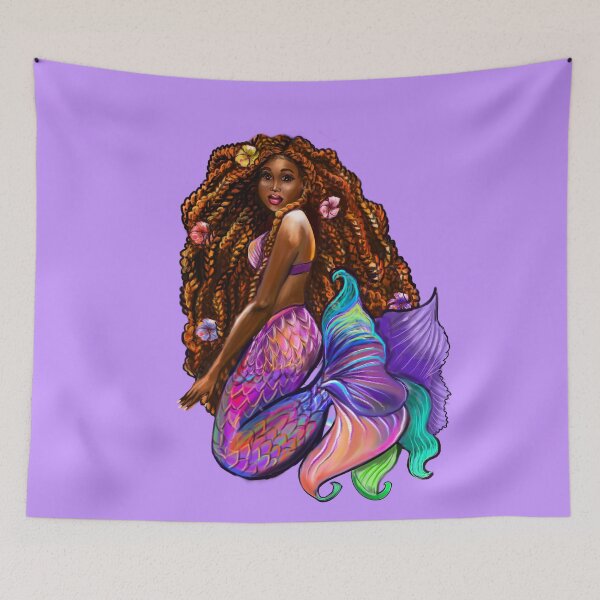 Item preview, Women’s cute African American mermaid with flowing braids , natural Afro hair brown skin mermaids  designed and sold by Artonmytee.