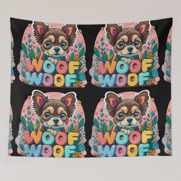 Item preview, A cute dog/puppy sticker in the style of colored cartoon saying "woof woof" designed and sold by AI-Only Creations.