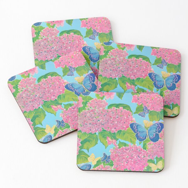 Item preview, Pink hydrangeas and butterflies on blue designed and sold by SophieClimaArt.