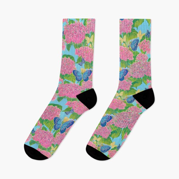 Artikelvorschau, Rosa Hortensien und Schmetterlinge auf Blau entworfen und verkauft von SophieClimaArt.