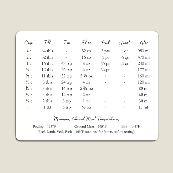 Simple Kitchen Conversion Chart Magnet for Sale by Madelyn Craig