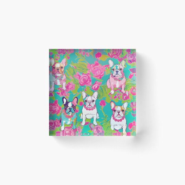 Aperçu de l'œuvre Motif preppy de bouledogues français et de roses créée et vendue par SophieClimaArt.