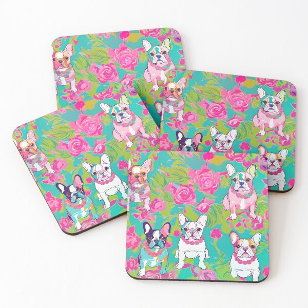 Aperçu de l'œuvre Motif preppy de bouledogues français et de roses créée et vendue par SophieClimaArt.