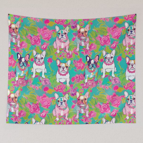 Item preview, French bulldogs and roses preppy pattern designed and sold by SophieClimaArt.