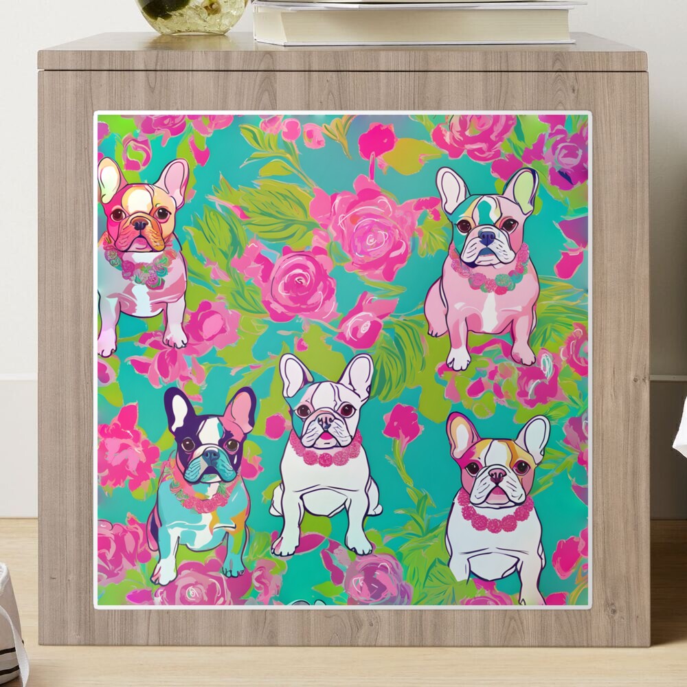 Preppy French bulldogs and palm leaves on hot pink Sticker for Sale by  SophieClimaArt