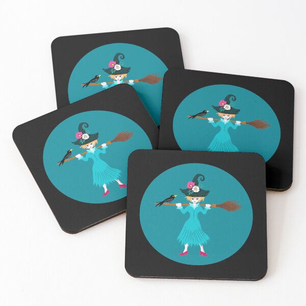 Item preview, Young witch with broom and raven | Repeat pattern designed and sold by colorofmagic.
