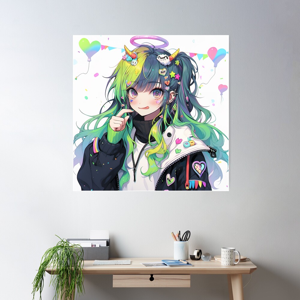 Adorable Neon Harajuku Halo Demon Anime Girl | Poster