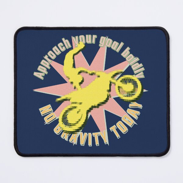 Item preview, Approach your goal boldly. No gravity today. Yellow motorcyclist in jump position on a motocross bike against a light pink star background designed and sold by SplashTastic.