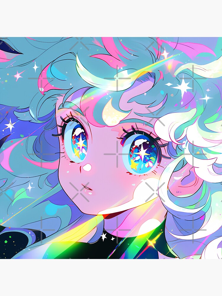 Beautiful Bright Neon Curly Hair Starry Anime Girl | Sticker