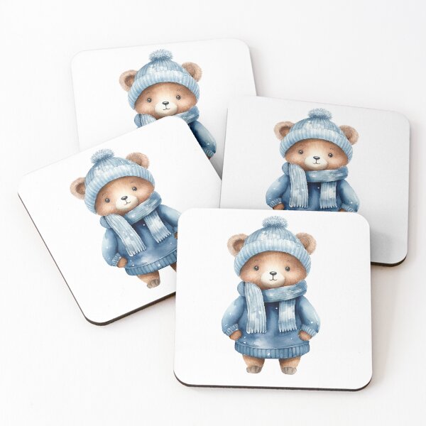 Item preview, Cute teddy bear in blue winter clothes. Watercolor illustration designed and sold by Aonsnoopy.