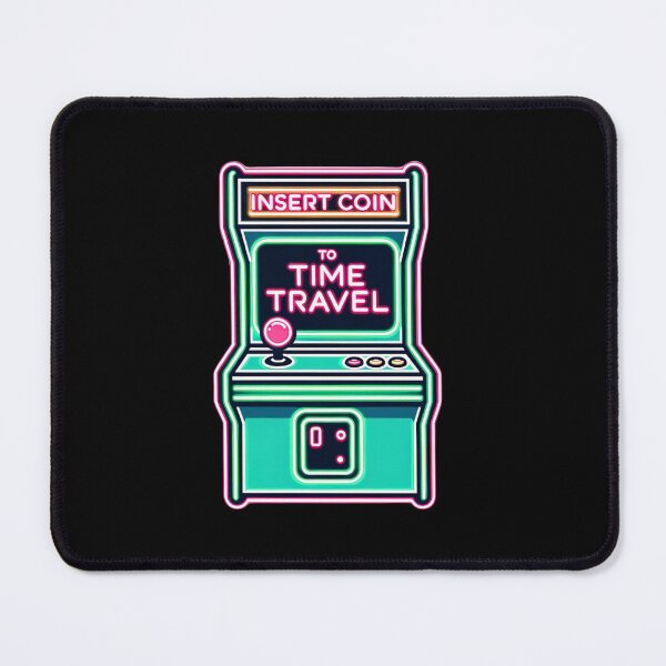 Vista previa del artículo con la obra «Máquina recreativa retro: 'Inserte una moneda para viajar en el tiempo' con detalles en neón», diseñado y vendido por PixelPunkster.