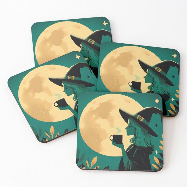 Item preview, Witch in a hat drinking coffee under the moon designed and sold by NomadiCult.