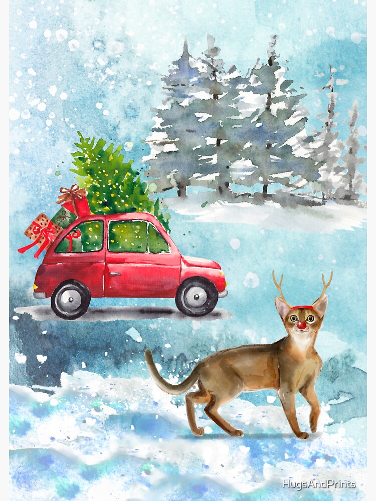 Sticker for Sale mit Aquarell Abessinierkatze mit Geweih, Auto und  Weihnachtsbaum von HugsAndPrints