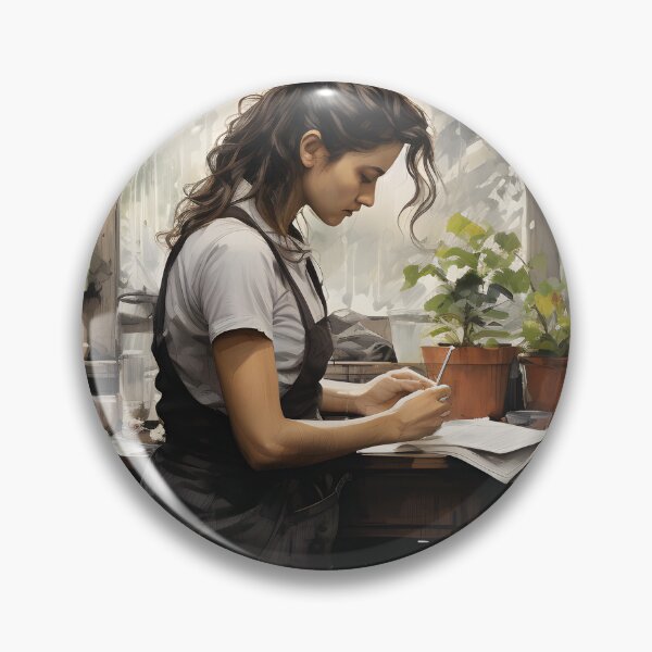 Item preview, Woman standing at a table with potted plants writing in a notebook designed and sold by inkArtistryfine.