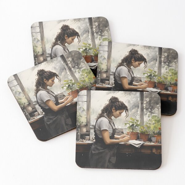 Item preview, Woman standing at a table with potted plants writing in a notebook designed and sold by inkArtistryfine.