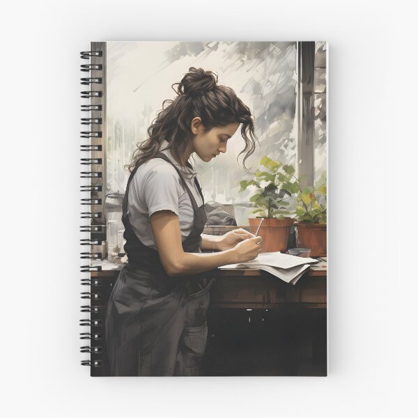 Item preview, Woman standing at a table with potted plants writing in a notebook designed and sold by inkArtistryfine.
