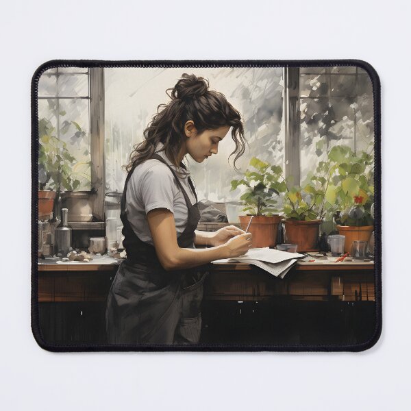 Item preview, Woman standing at a table with potted plants writing in a notebook designed and sold by inkArtistryfine.