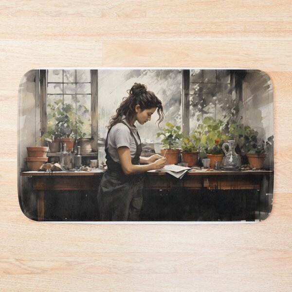 Item preview, Woman standing at a table with potted plants writing in a notebook designed and sold by inkArtistryfine.