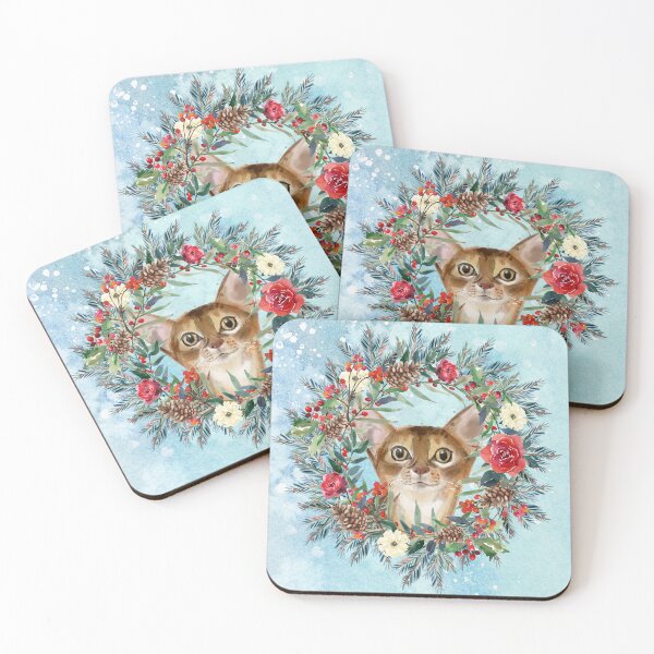 Item preview, Watercolour Abyssinian Cat Snowy Floral Christmas Wreath designed and sold by HugsAndPrints.