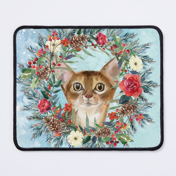 Item preview, Watercolour Abyssinian Cat Snowy Floral Christmas Wreath designed and sold by HugsAndPrints.