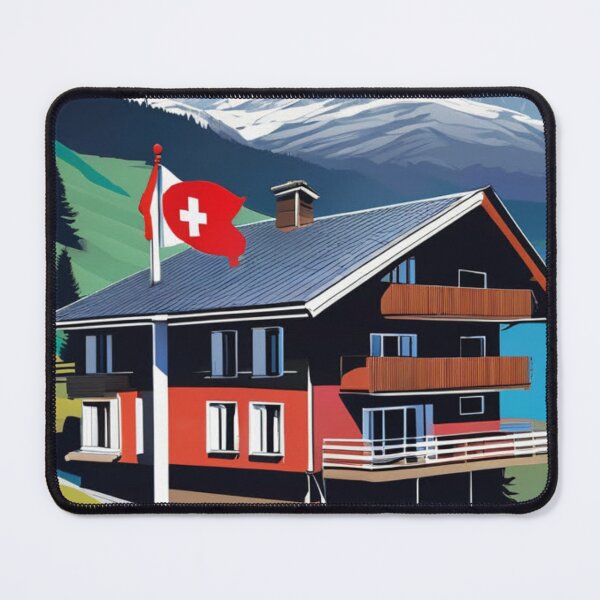 Item preview, "Swiss Chalet with Mountain Views and Swiss Flag: Your Alpine Retreat" 1 of 3 designed and sold by Sunflower5576.
