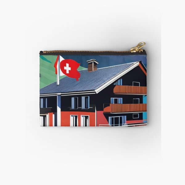 Item preview, "Swiss Chalet with Mountain Views and Swiss Flag: Your Alpine Retreat" 1 of 3 designed and sold by Sunflower5576.