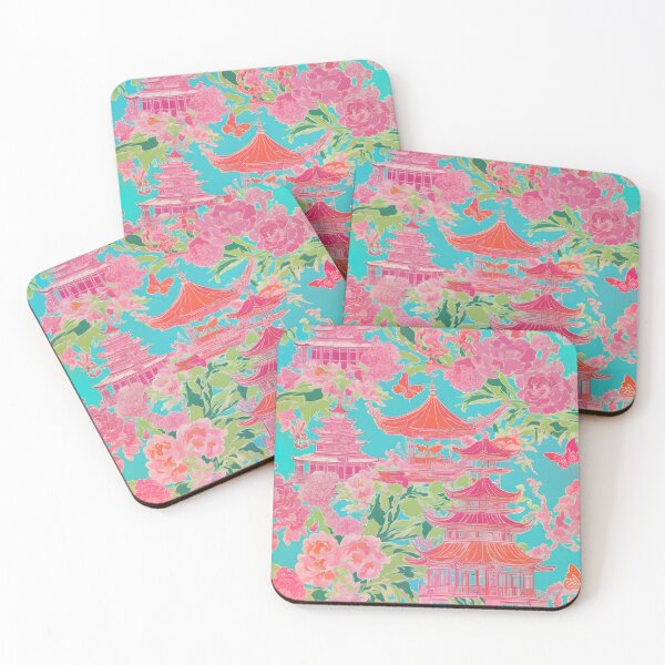 Item preview, Preppy pink and orange chinoiserie pagoda garden on turquoise designed and sold by SophieClimaArt.