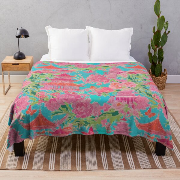 Item preview, Preppy pink and orange chinoiserie pagoda garden on turquoise designed and sold by SophieClimaArt.