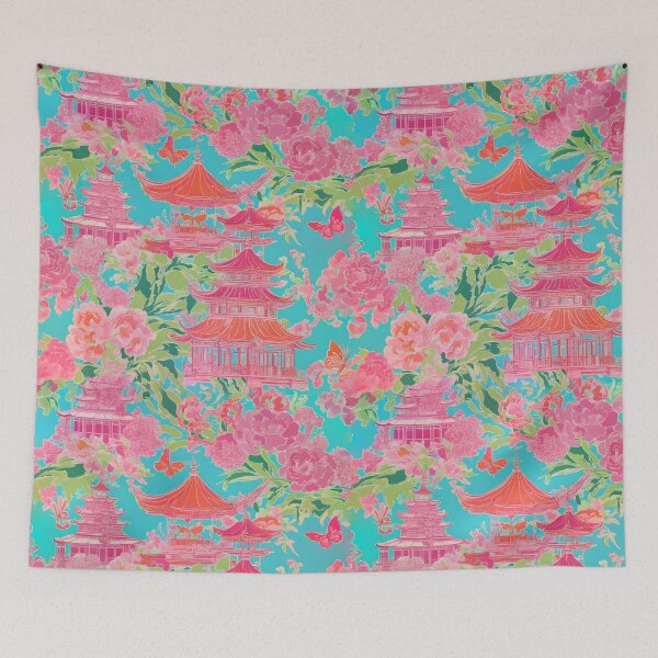Item preview, Preppy pink and orange chinoiserie pagoda garden on turquoise designed and sold by SophieClimaArt.