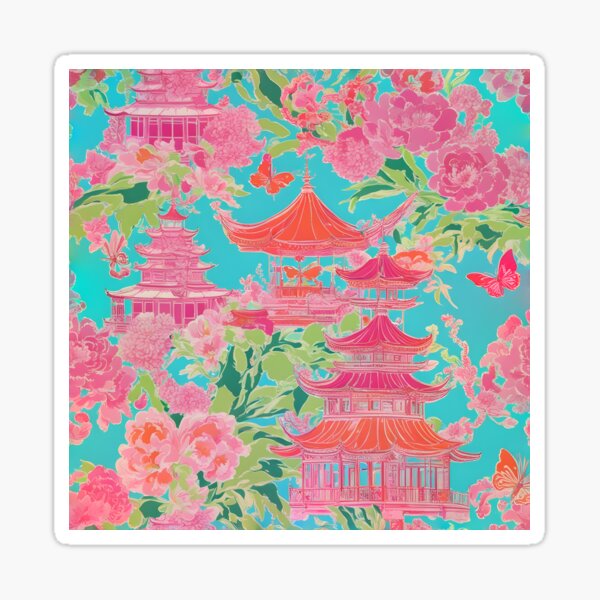 Item preview, Preppy pink and orange chinoiserie pagoda garden on turquoise designed and sold by SophieClimaArt.