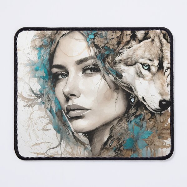 Item preview, Graceful Ink Portrayal of Woman and Wolf designed and sold by BeepBoopAIBoobs.