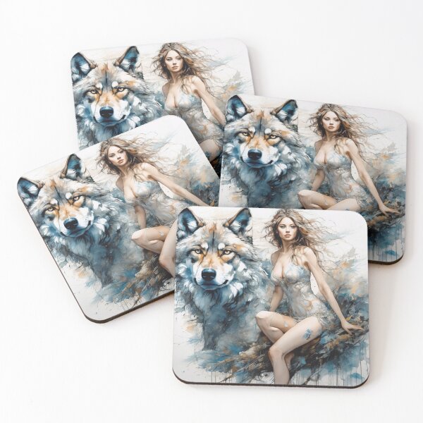Item preview, Graceful Ink Portrayal of Woman and Wolf designed and sold by BeepBoopAIBoobs.