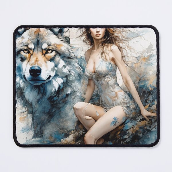 Item preview, Graceful Ink Portrayal of Woman and Wolf designed and sold by BeepBoopAIBoobs.