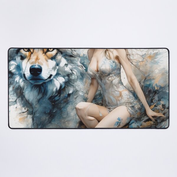 Item preview, Graceful Ink Portrayal of Woman and Wolf designed and sold by BeepBoopAIBoobs.