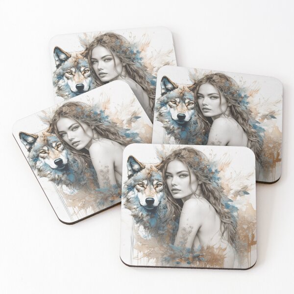 Item preview, Graceful Ink Portrayal of Woman and Wolf designed and sold by BeepBoopAIBoobs.