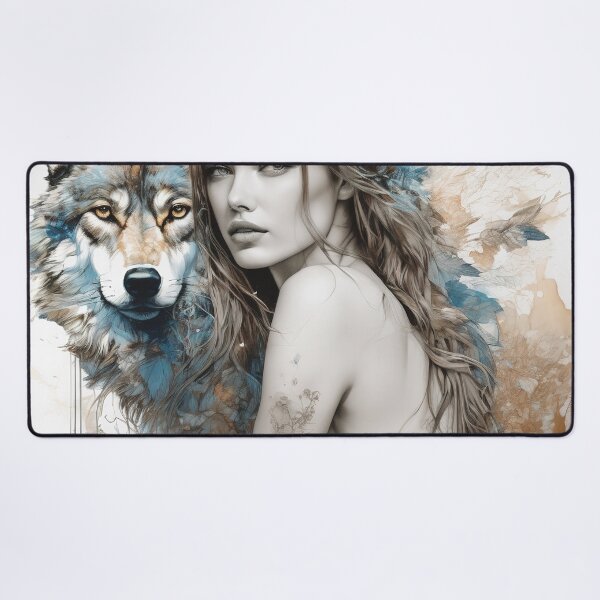 Item preview, Graceful Ink Portrayal of Woman and Wolf designed and sold by BeepBoopAIBoobs.